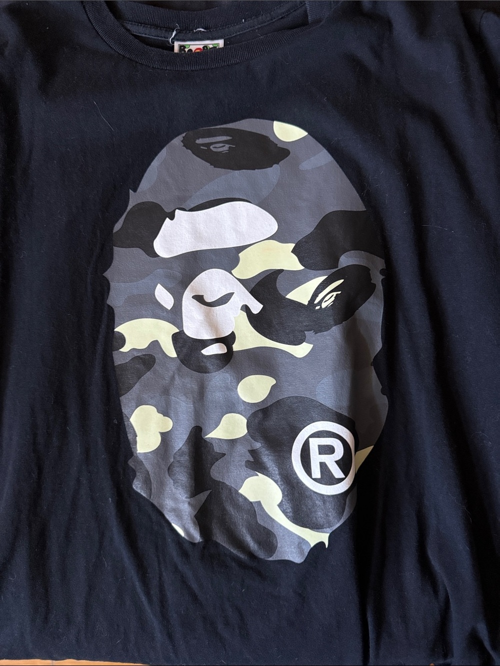Bape Black Short-Sleeve Tee with Gray & Cream Camo Ape Head